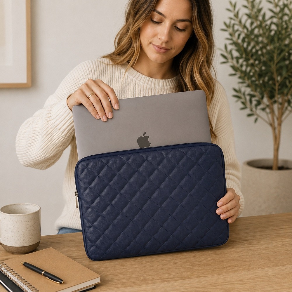 Rainyear Navy Blue Quilted Vegan Leather Laptop Sleeve 13-14 inch Case